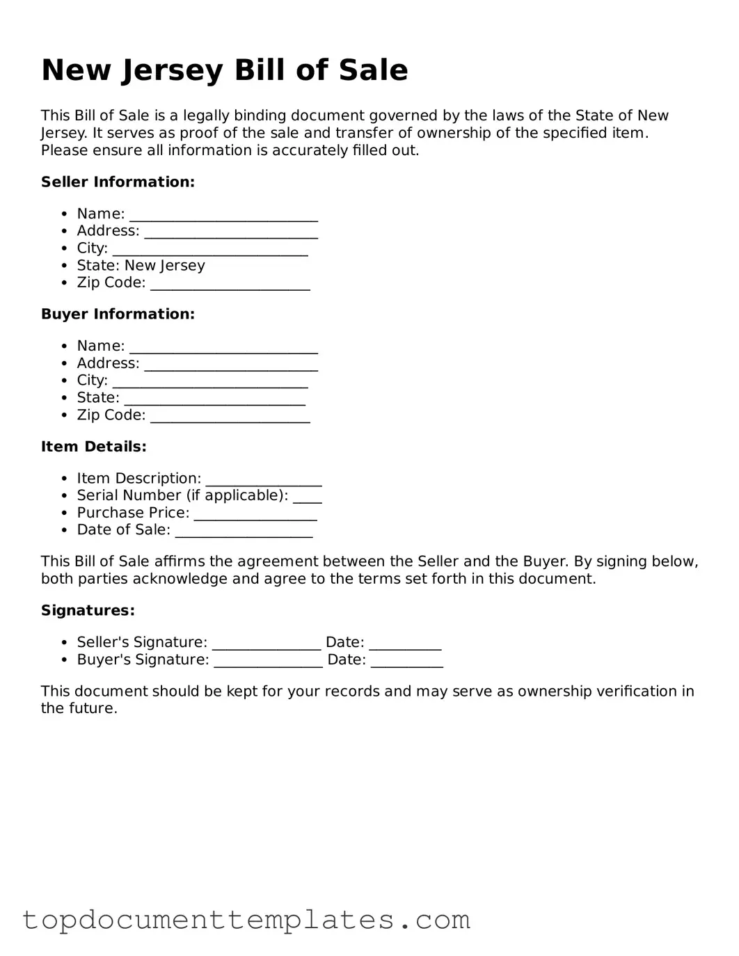 Valid Bill of Sale Form for New Jersey State