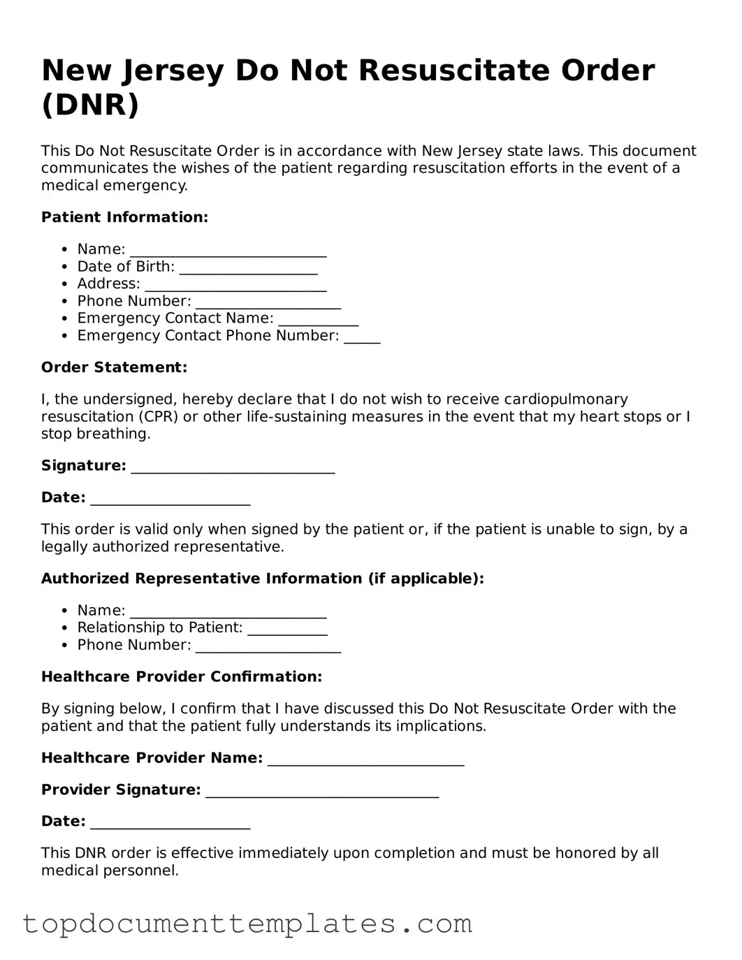 Valid Do Not Resuscitate Order Form for New Jersey State