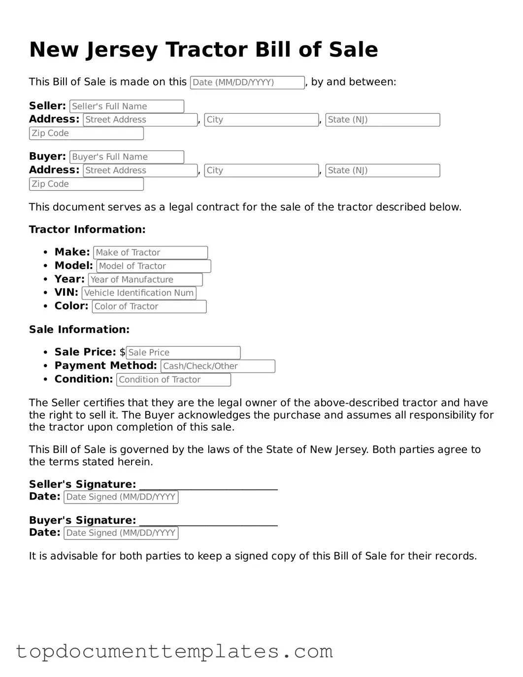 Valid Tractor Bill of Sale Form for New Jersey State