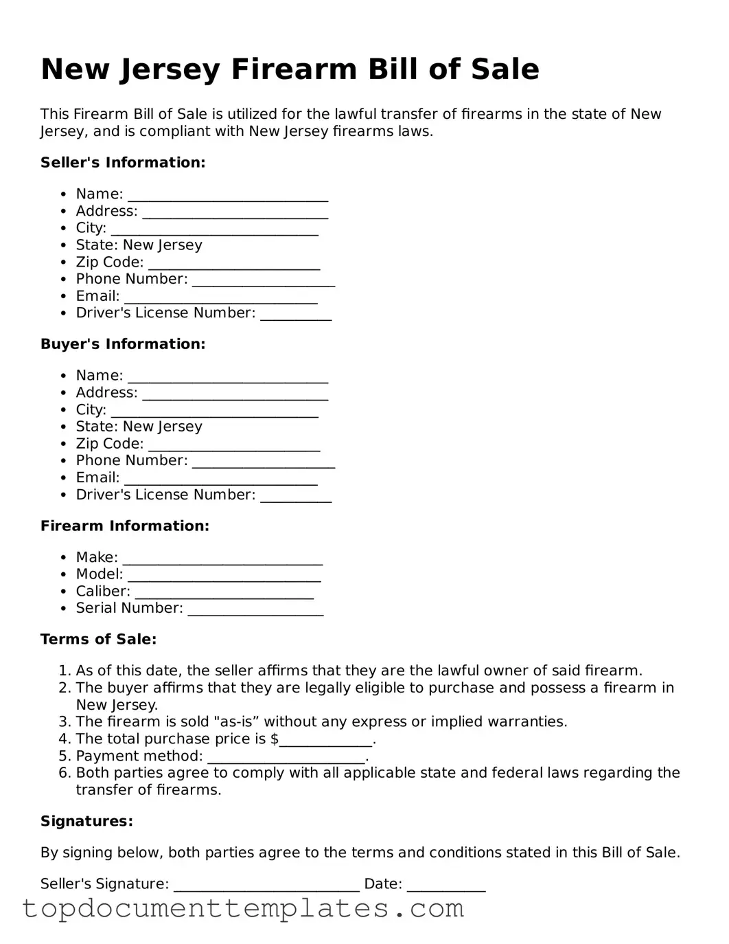 Valid Firearm Bill of Sale Form for New Jersey State