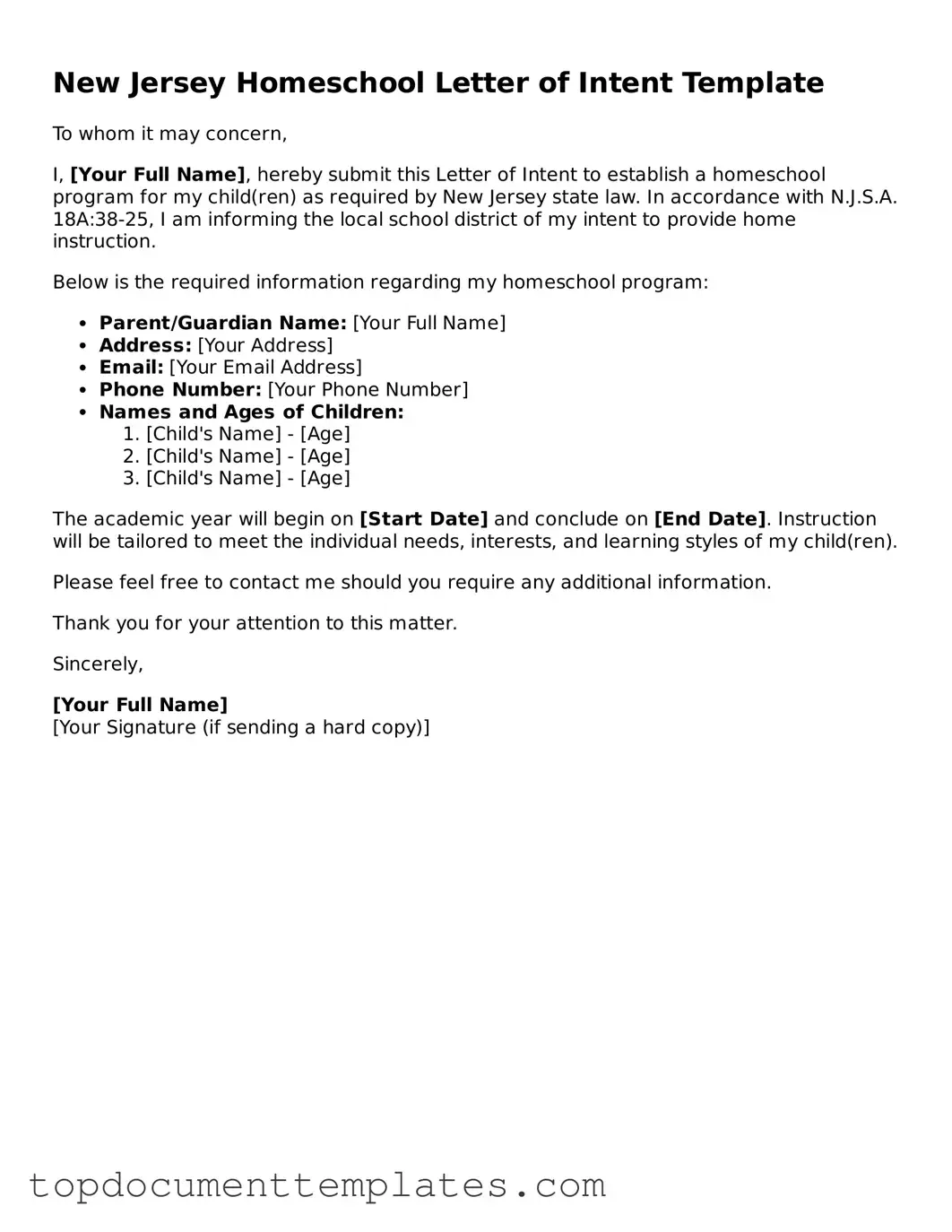 Valid Homeschool Letter of Intent Form for New Jersey State