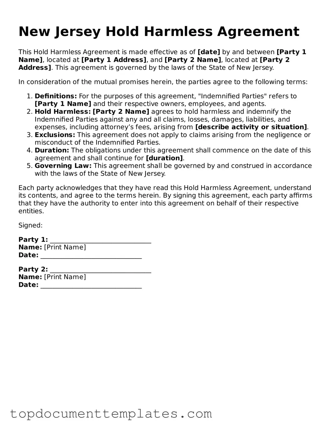 Valid Hold Harmless Agreement Form for New Jersey State