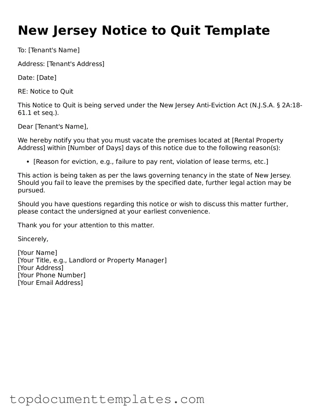 Valid Notice to Quit Form for New Jersey State