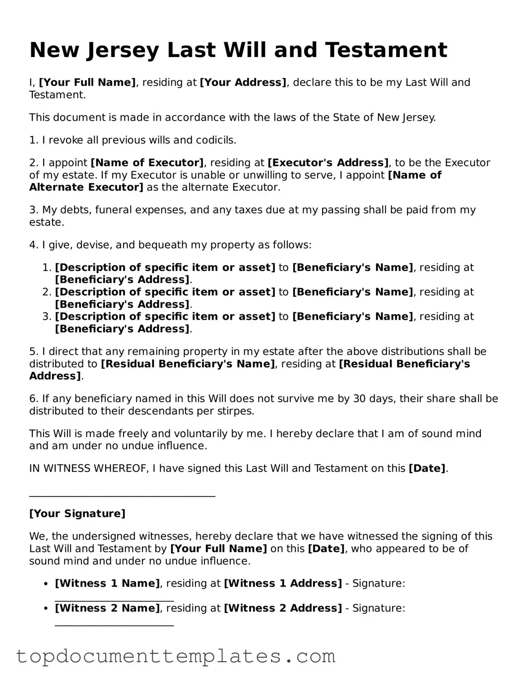 Valid Last Will and Testament Form for New Jersey State