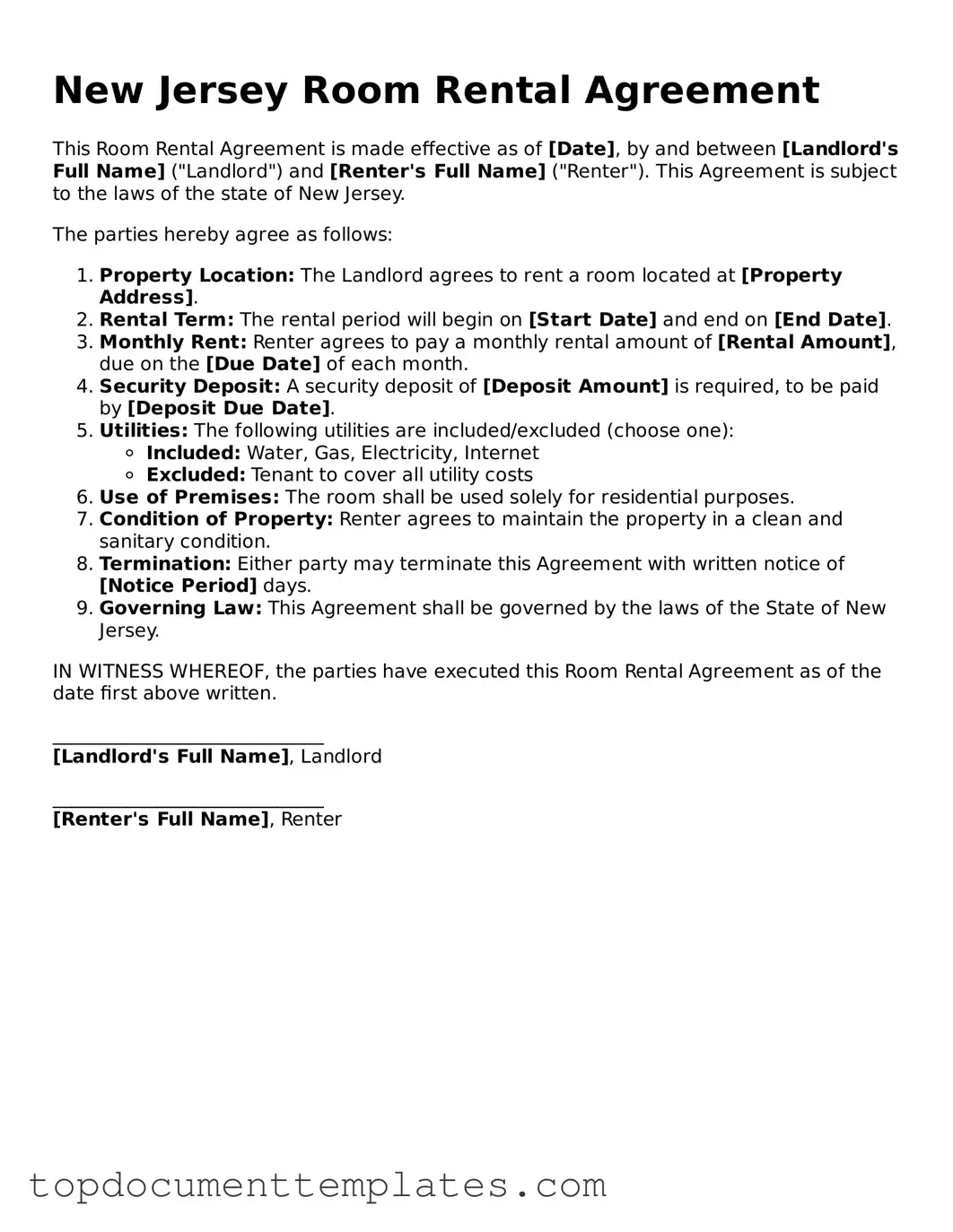 Valid Room Rental Agreement Form for New Jersey State