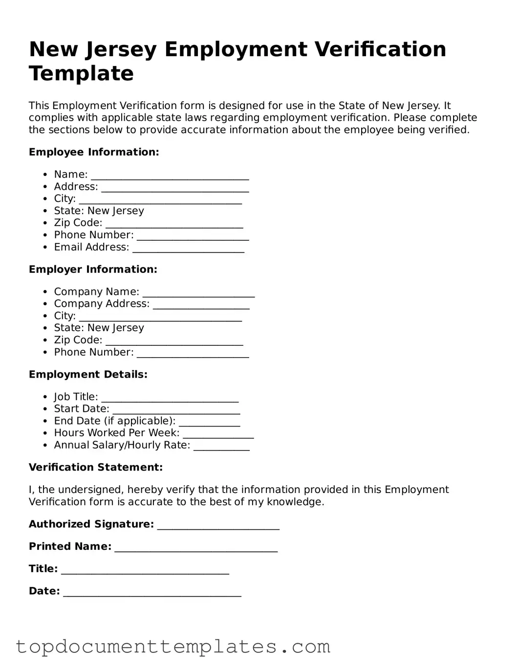 Valid Employment Verification Form for New Jersey State