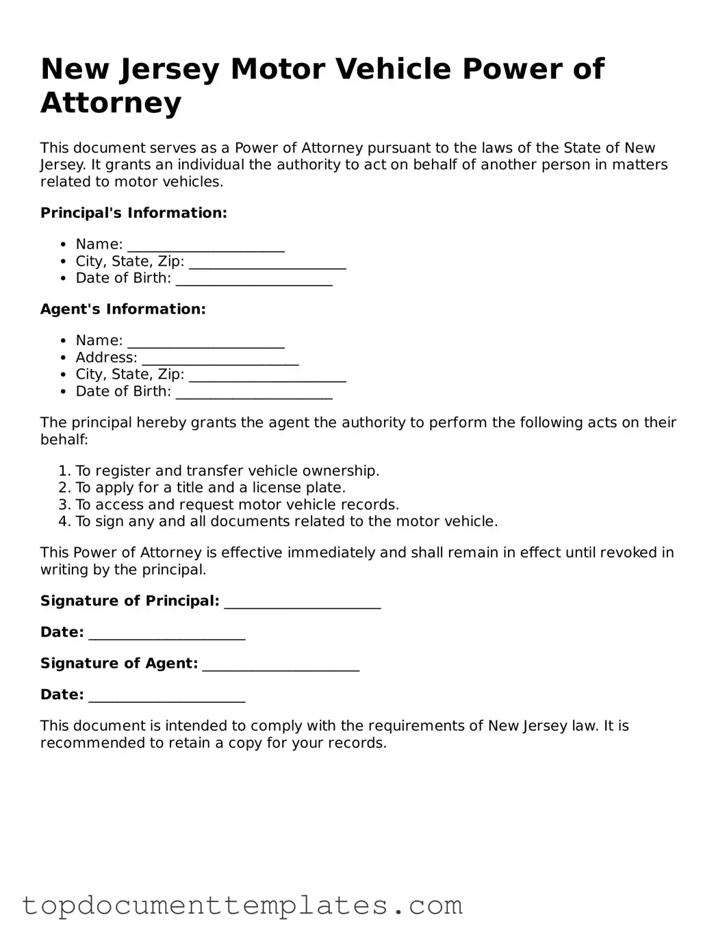 Valid Motor Vehicle Power of Attorney Form for New Jersey State