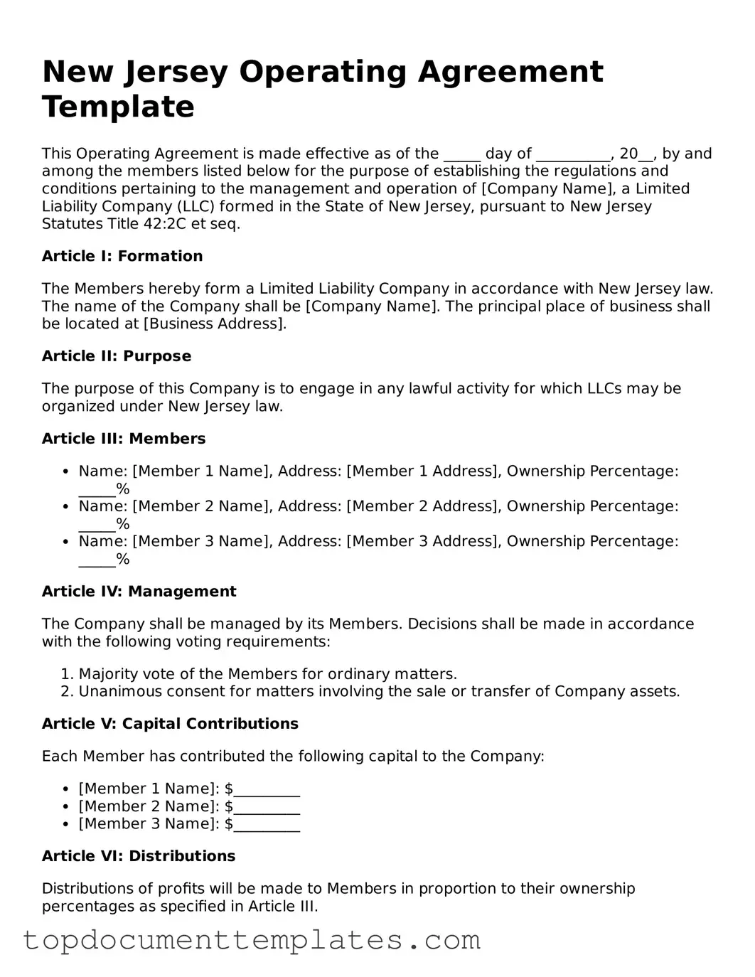 Valid Operating Agreement Form for New Jersey State