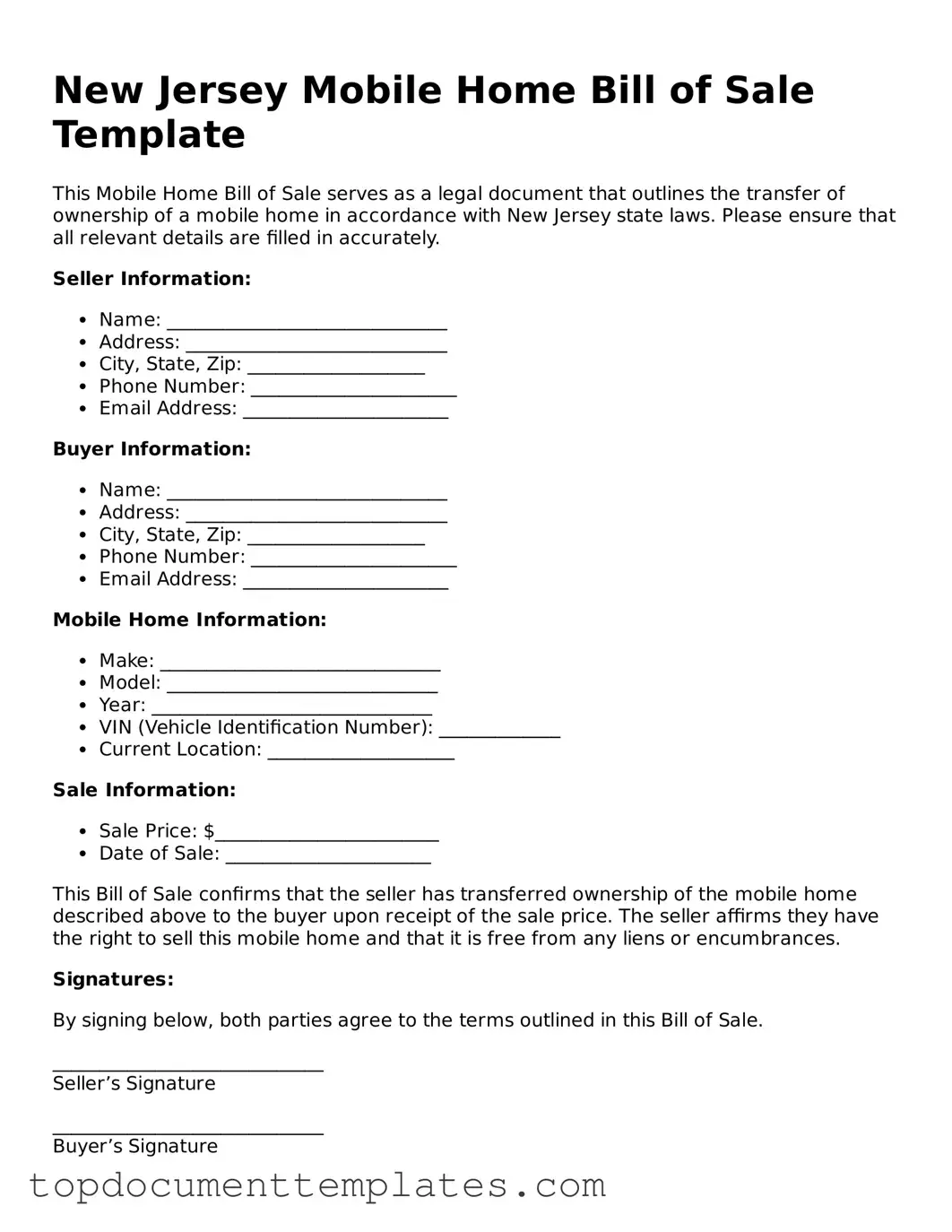 Valid Mobile Home Bill of Sale Form for New Jersey State