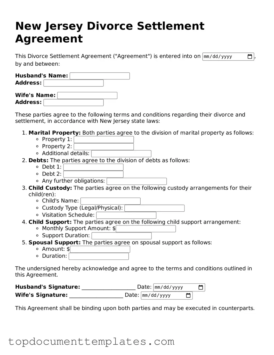 Valid Divorce Settlement Agreement Form for New Jersey State