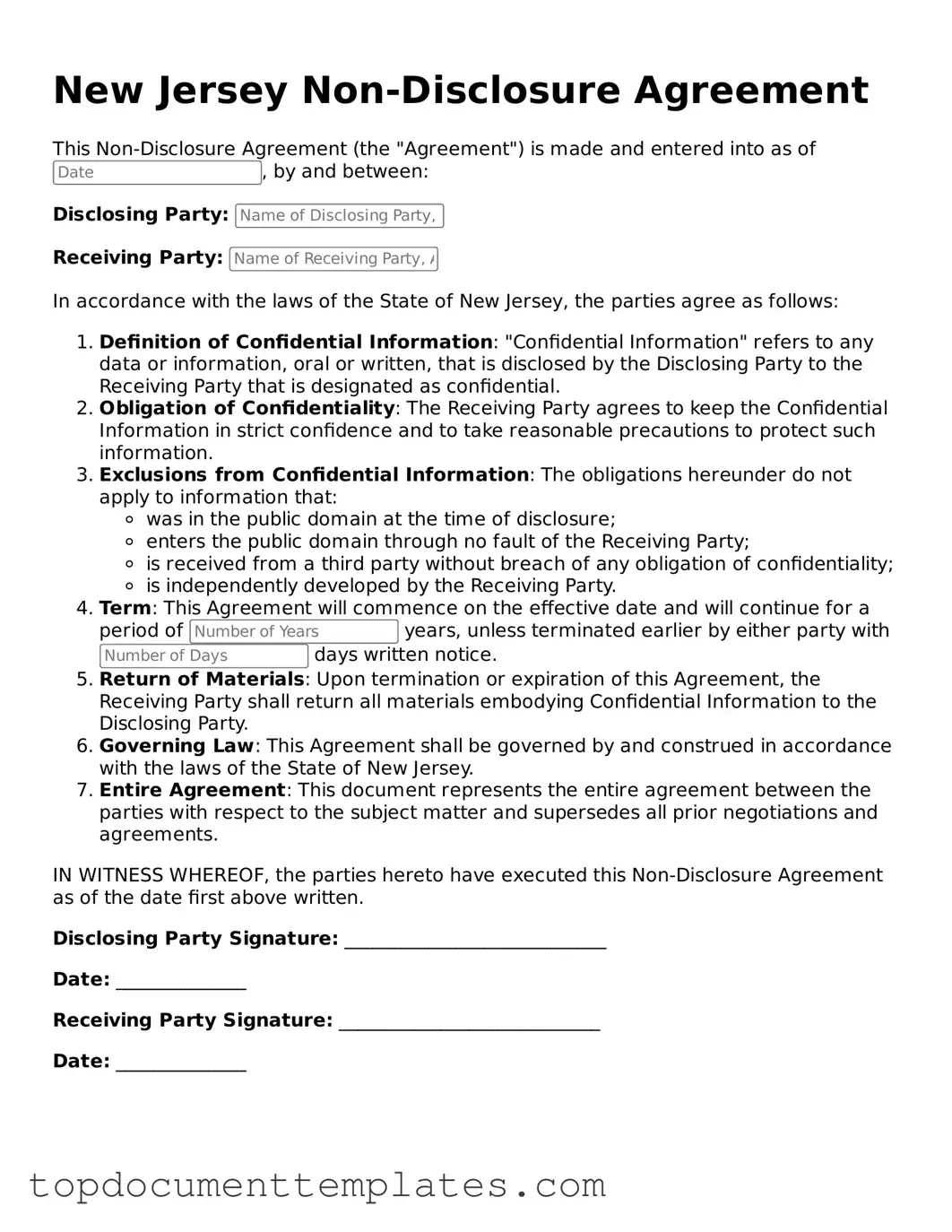 Valid Non-disclosure Agreement Form for New Jersey State