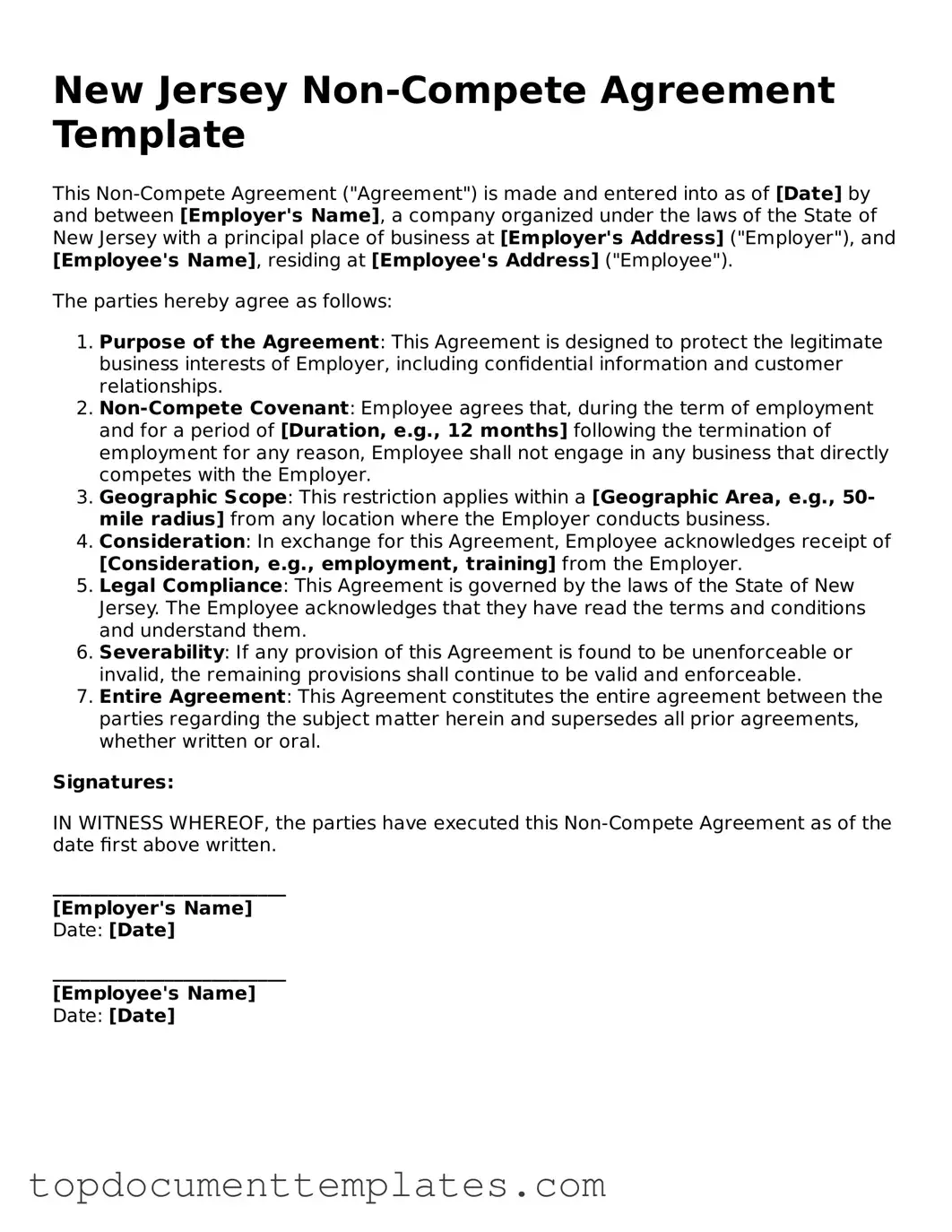Valid Non-compete Agreement Form for New Jersey State