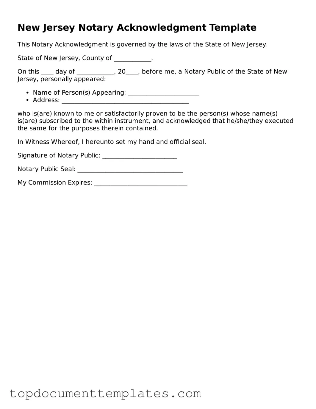 Valid Notary Acknowledgement Form for New Jersey State