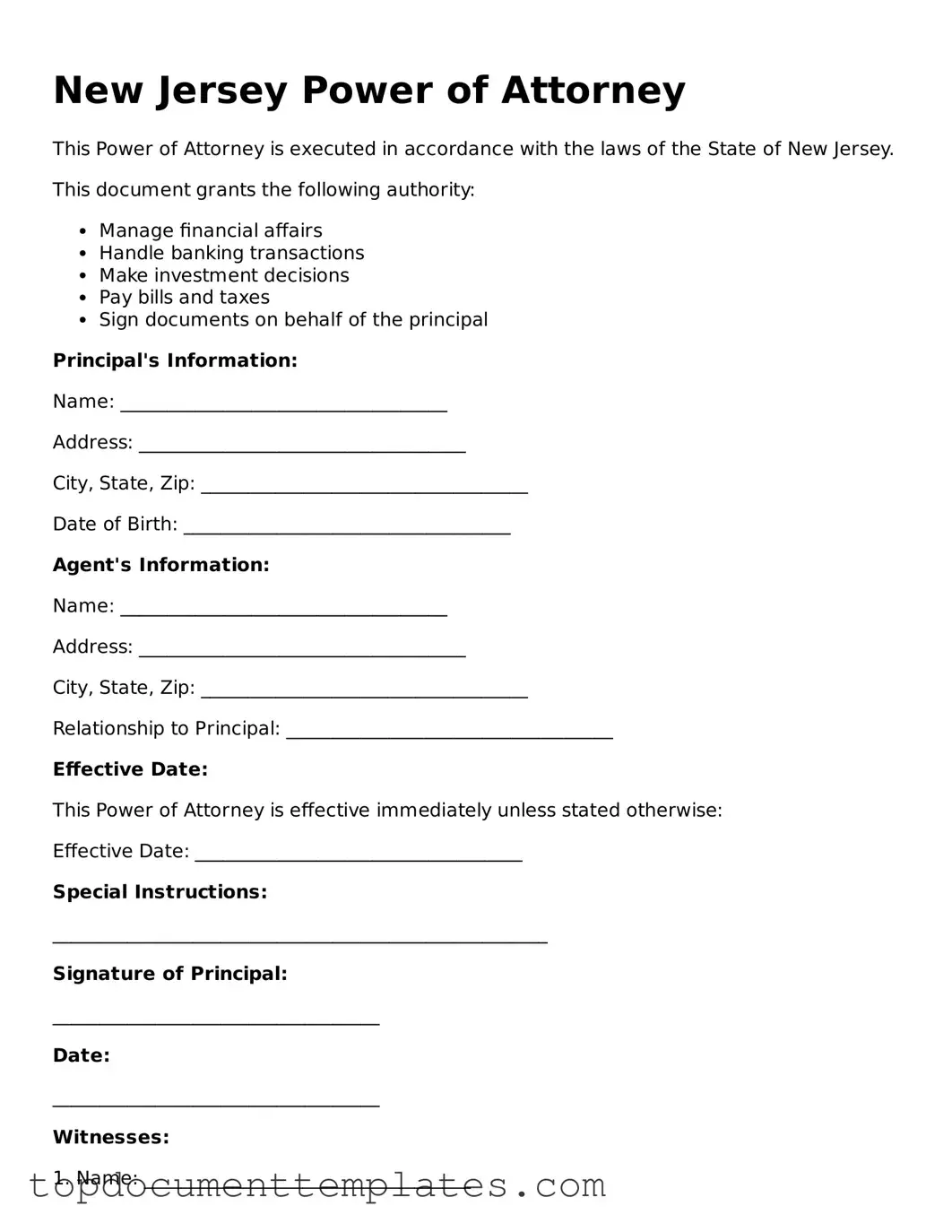 Valid Power of Attorney Form for New Jersey State