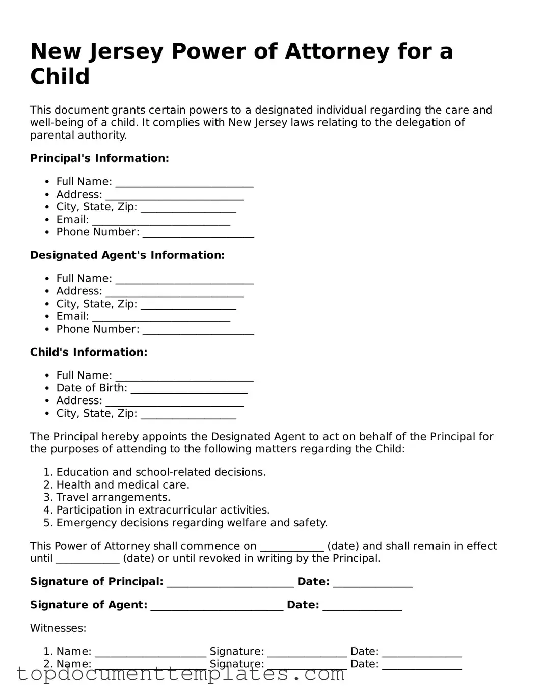 Valid Power of Attorney for a Child Form for New Jersey State