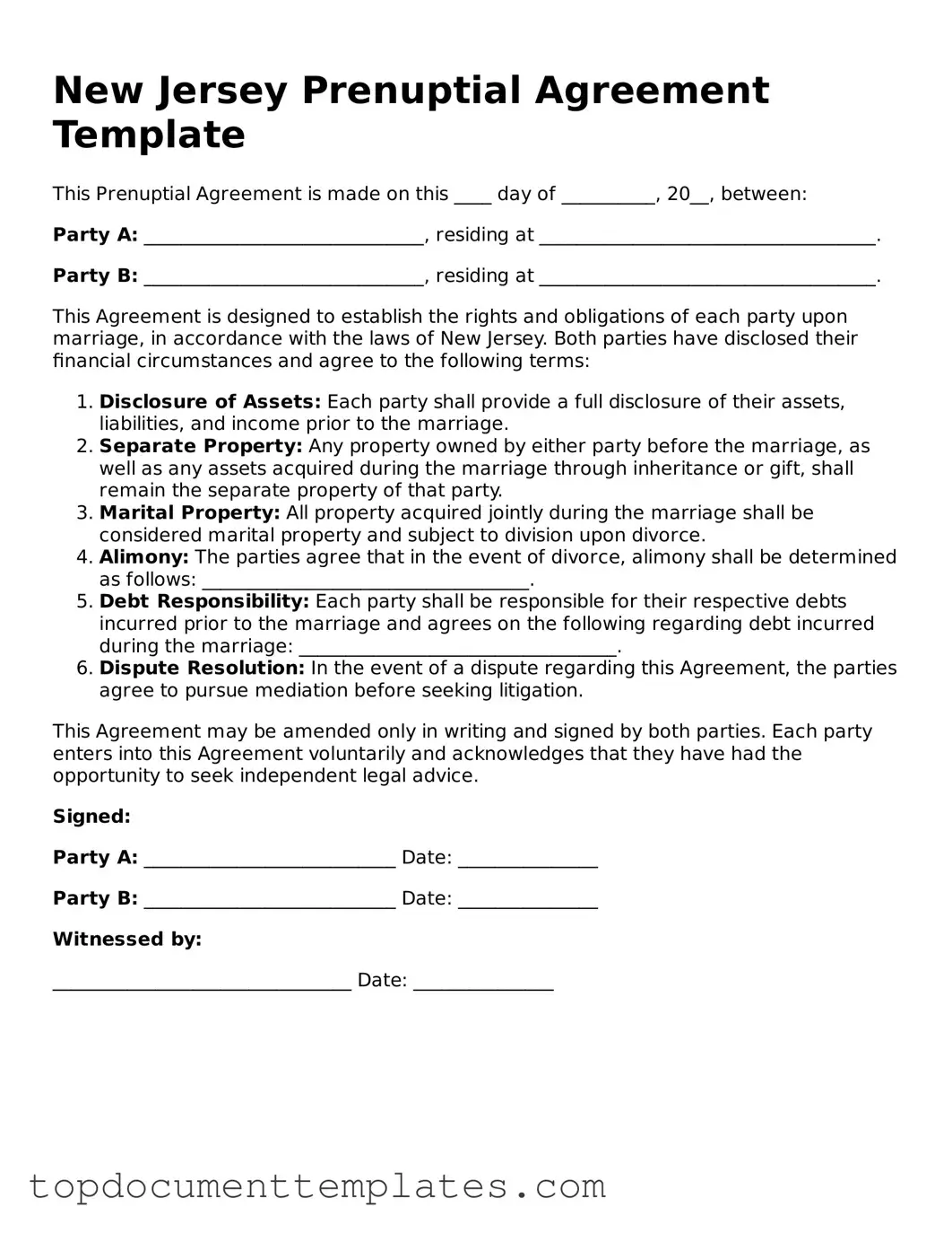 Valid Prenuptial Agreement Form for New Jersey State