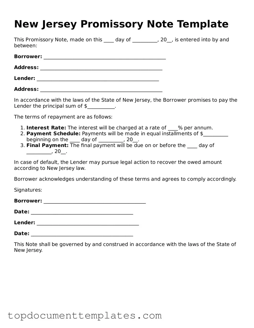 Valid Promissory Note Form for New Jersey State