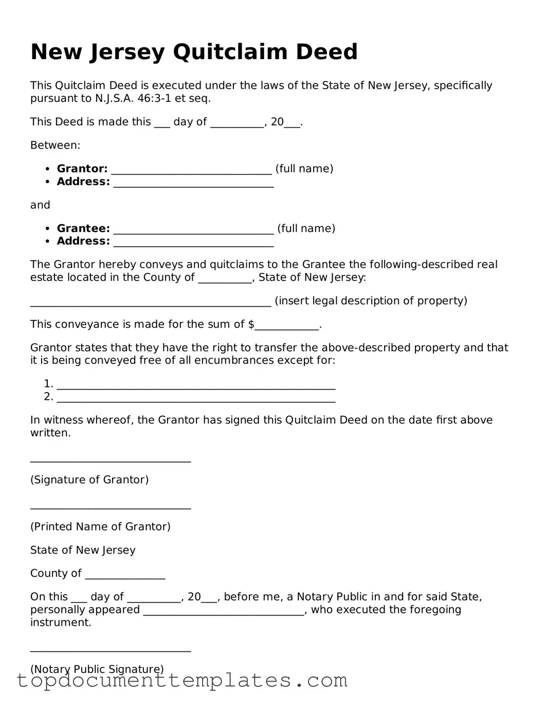 Valid Quitclaim Deed Form for New Jersey State