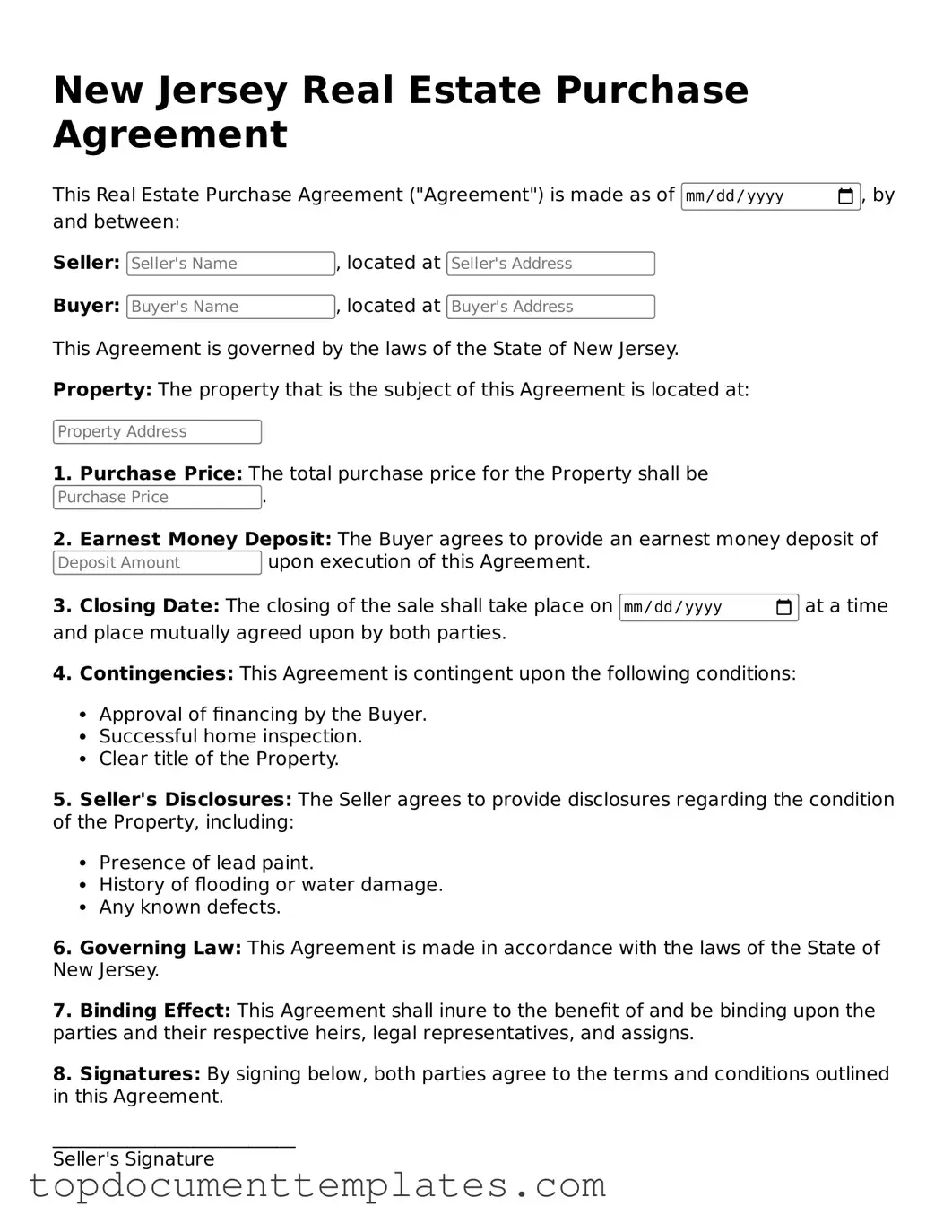 Valid Real Estate Purchase Agreement Form for New Jersey State