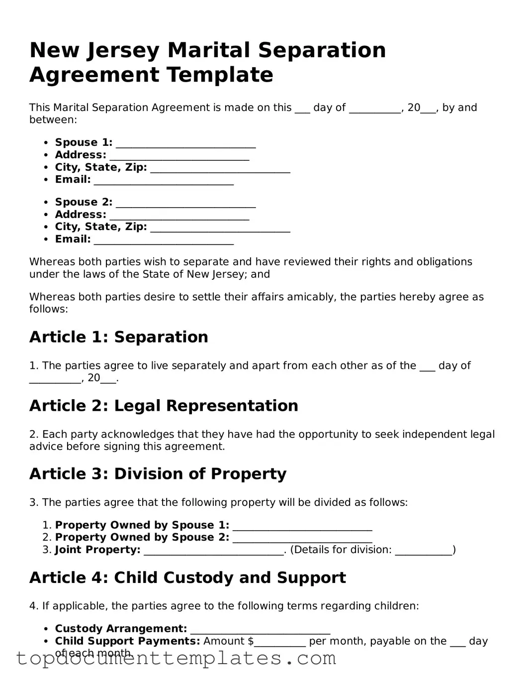 Valid Marital Separation Agreement Form for New Jersey State