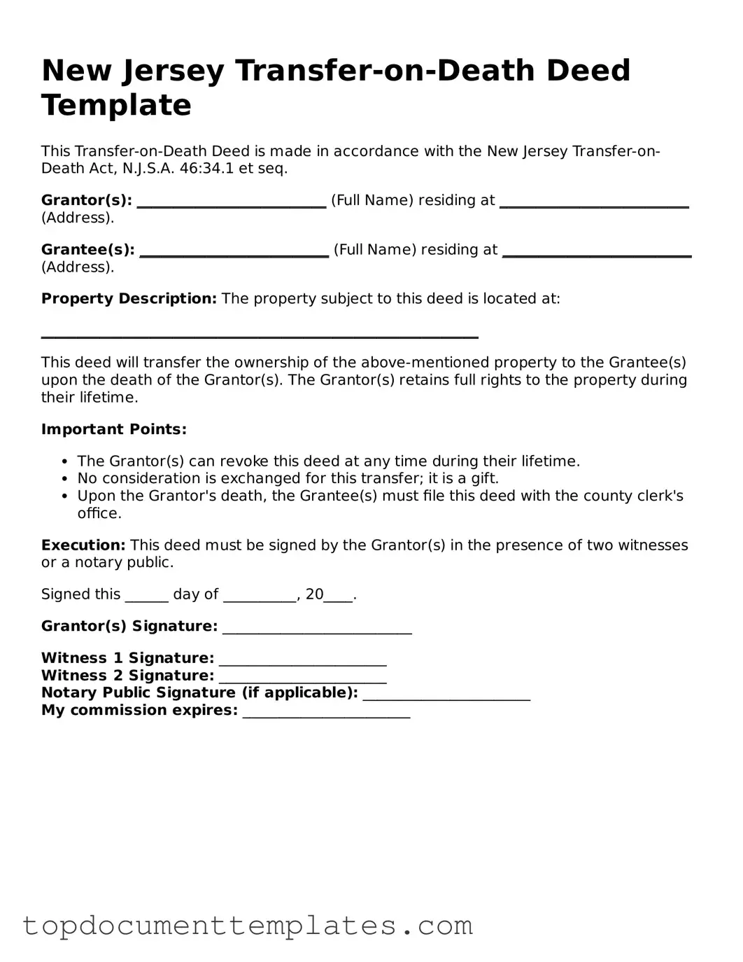Valid Transfer-on-Death Deed Form for New Jersey State