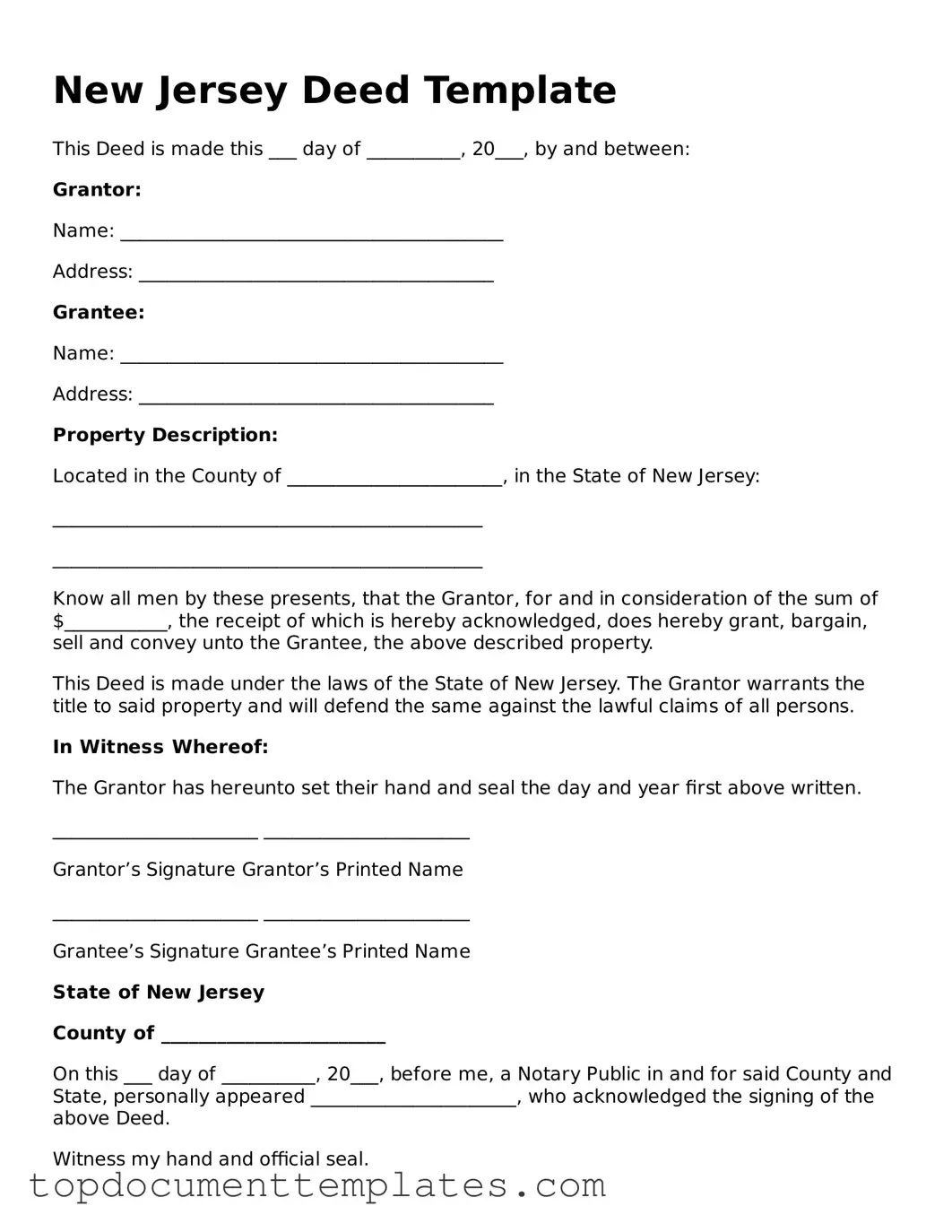 Valid Deed Form for New Jersey State