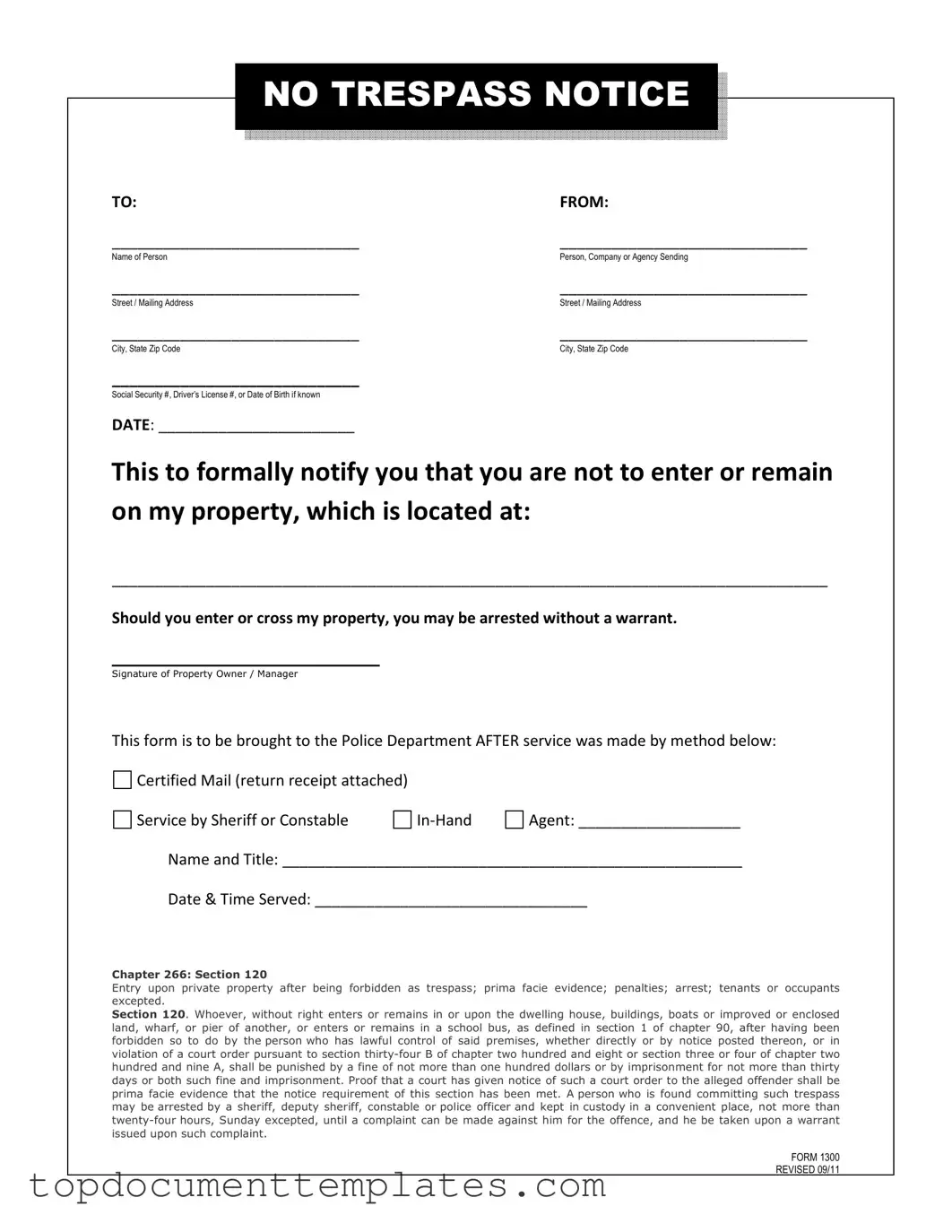 Blank No Trespassing Letter PDF Form