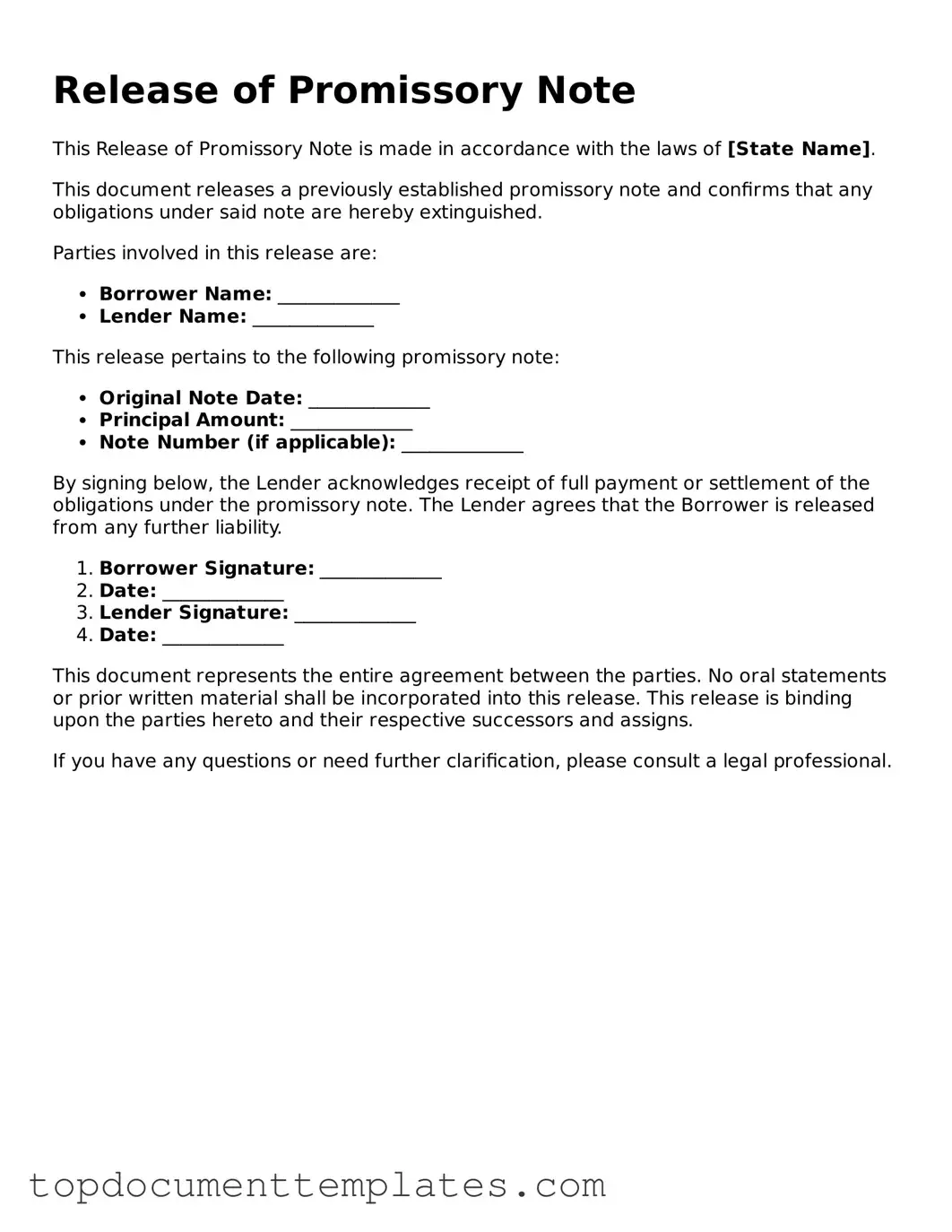 Official Release of Promissory Note Template