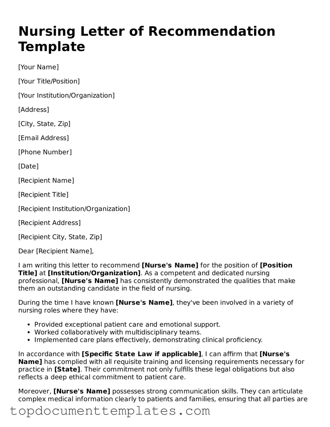 Official Nursing Letter of Recommendation Template