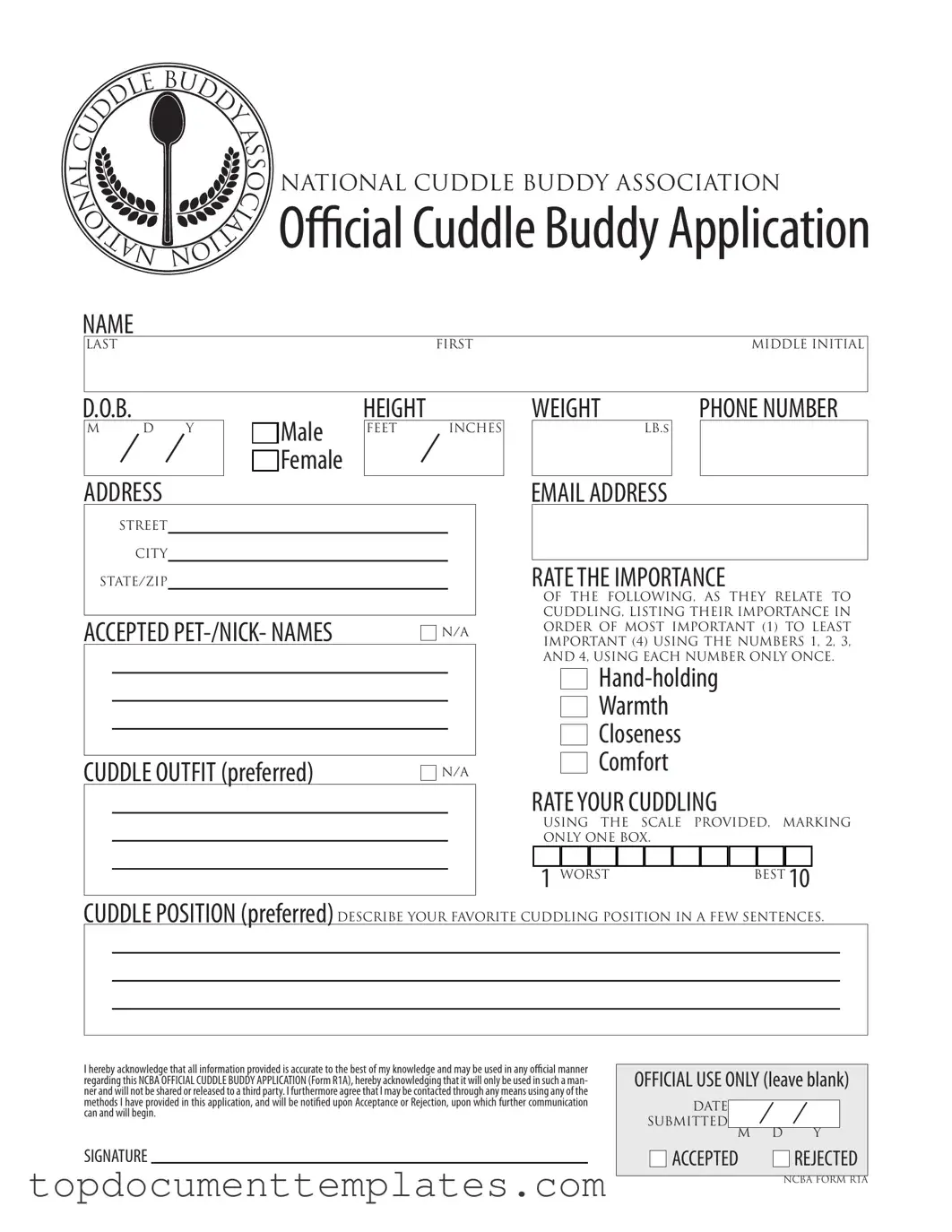 Blank Cuddle Buddy Application PDF Form