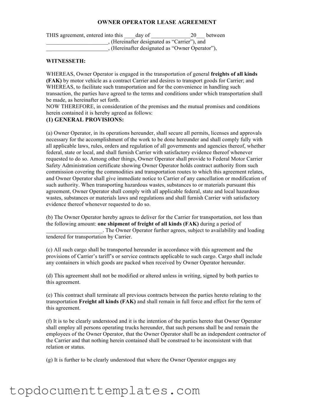 Blank Owner Operator Lease Agreement PDF Form