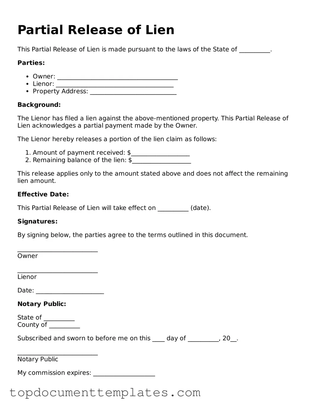 Official Partial Release of Lien Template