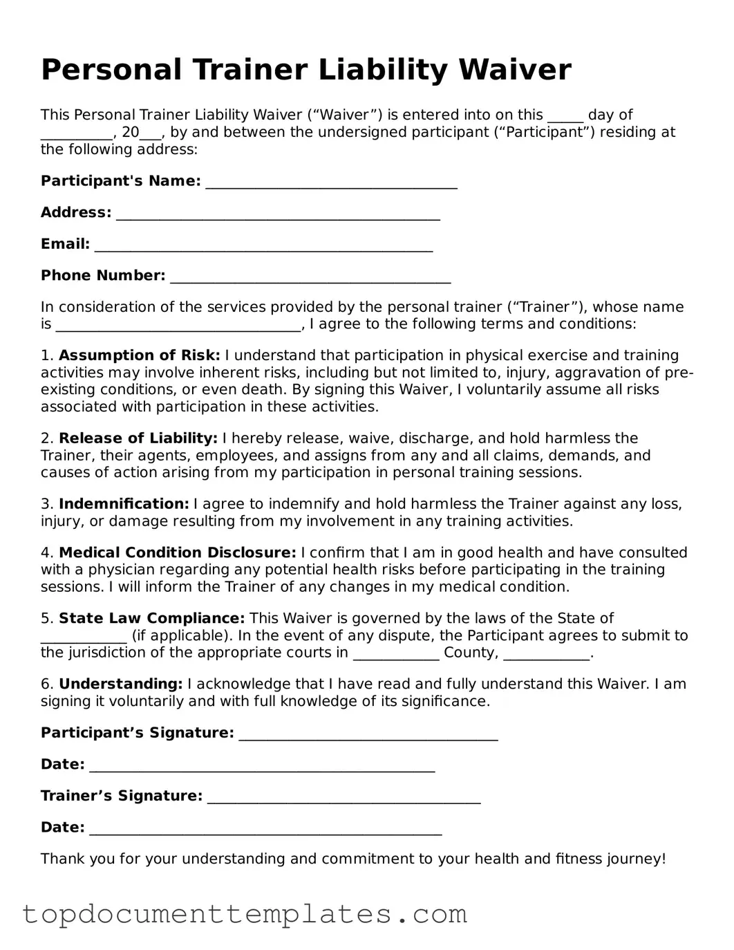 Official Personal Trainer Liability Waiver Template