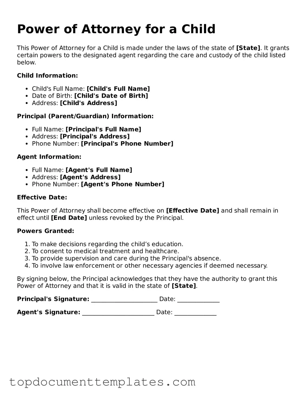 Official Power of Attorney for a Child Template