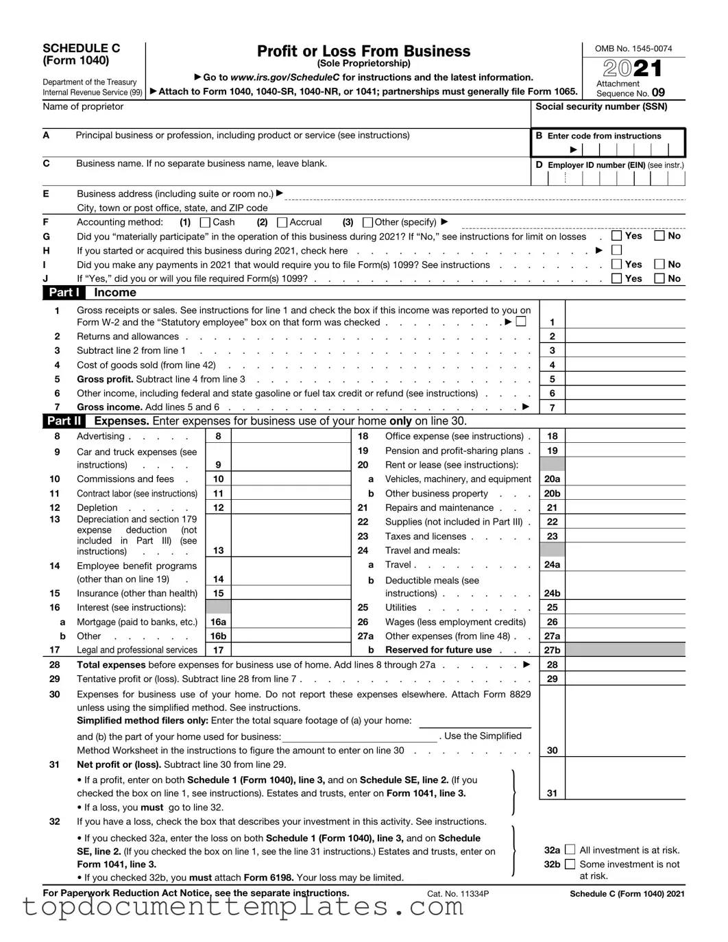 Blank IRS Schedule C 1040 PDF Form