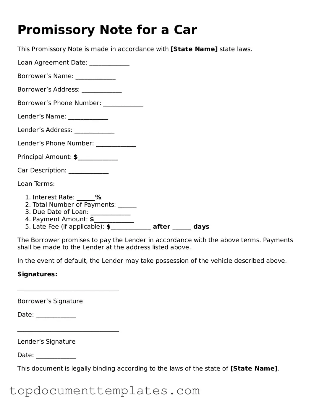 Official Promissory Note for a Car Template