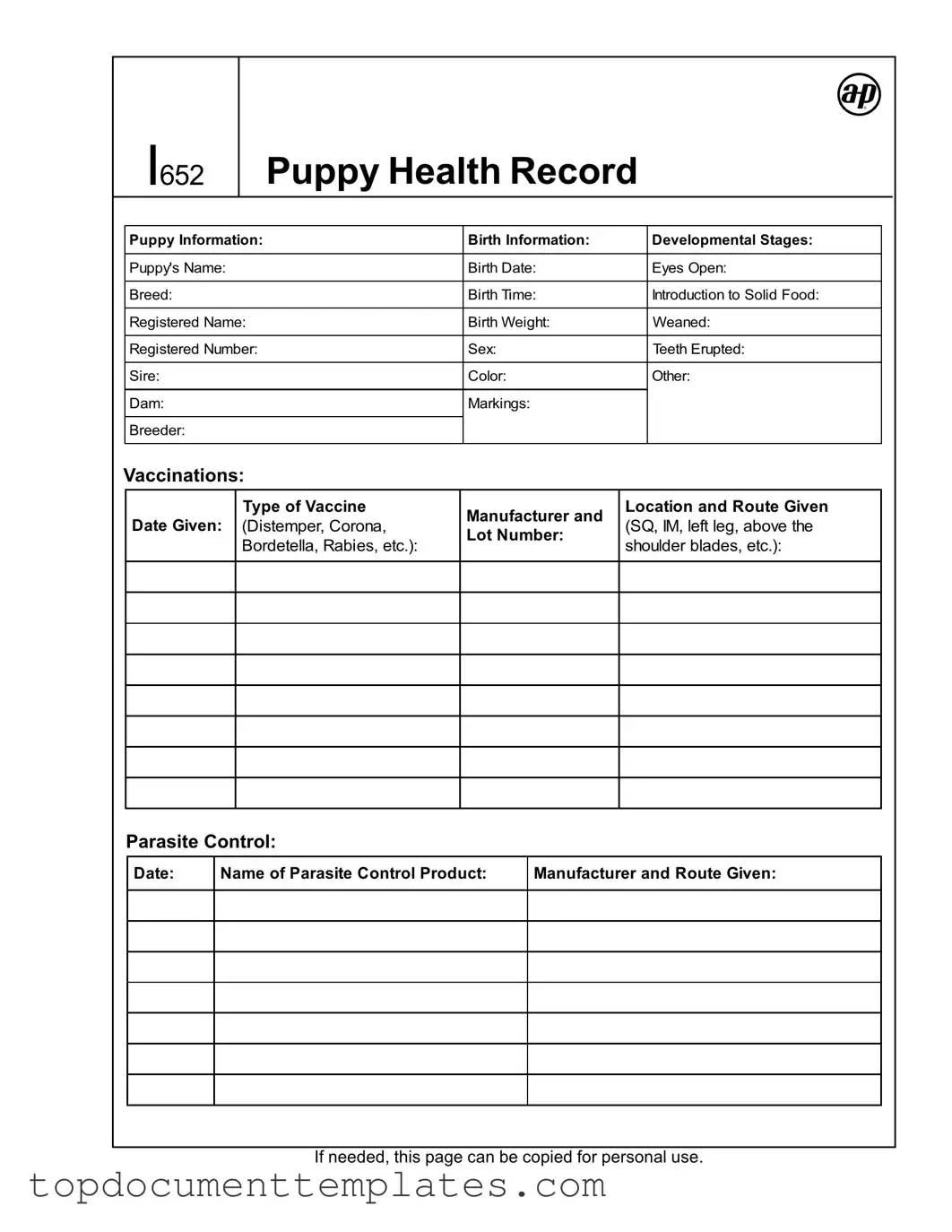 Blank Puppy Health Record PDF Form