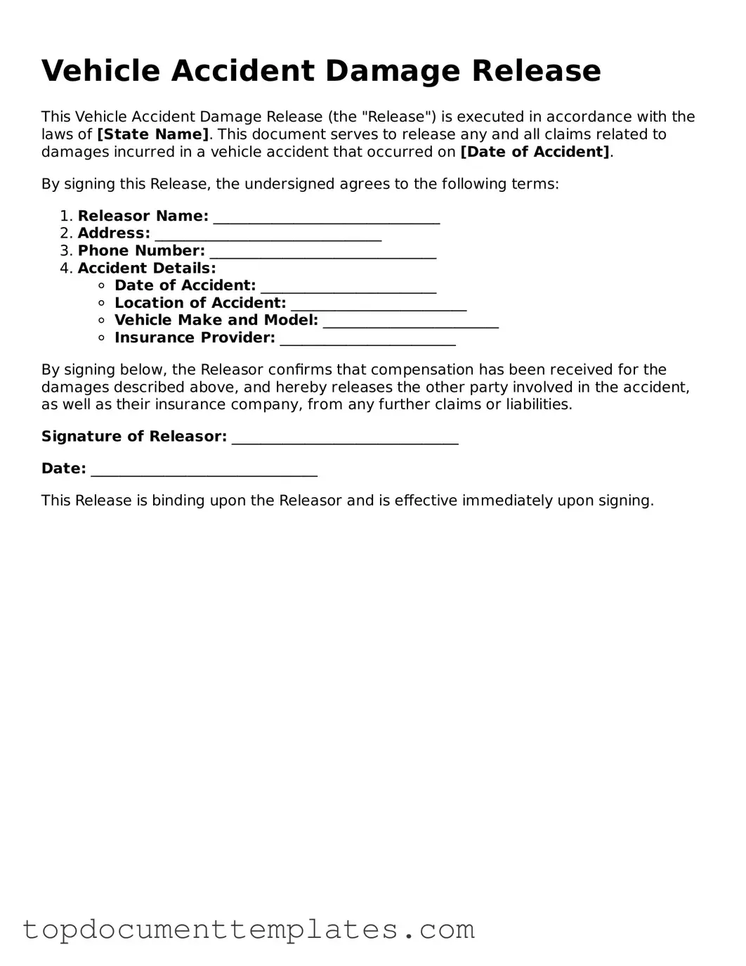 Official Vehicle Accident Damage Release Template