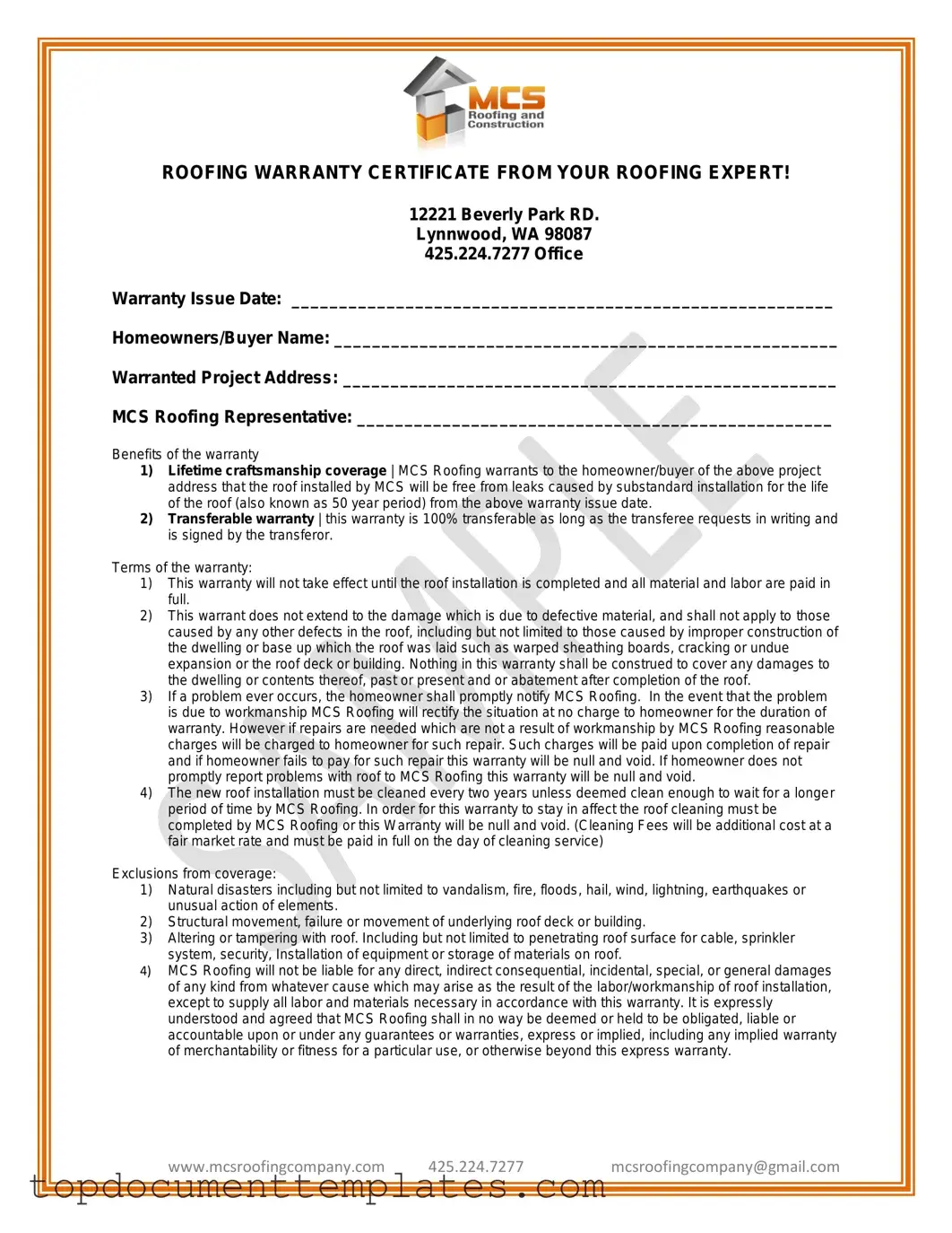 Blank Roofing Warranty Certificate PDF Form