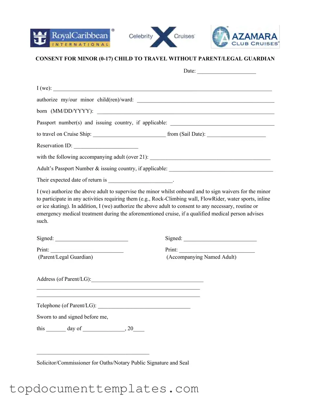 Blank Royal Caribbean Parental Consent PDF Form