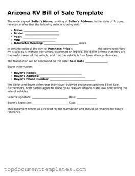 Valid RV Bill of Sale Form for Arizona State
