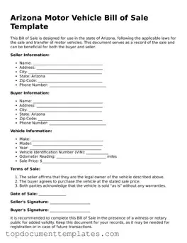 Valid Motor Vehicle Bill of Sale Form for Arizona State