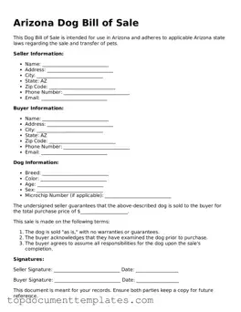 Valid Dog Bill of Sale Form for Arizona State