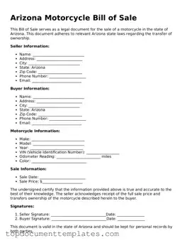 Valid Motorcycle Bill of Sale Form for Arizona State