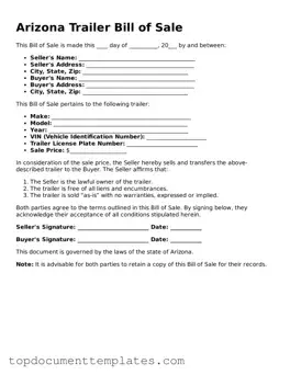 Valid Trailer Bill of Sale Form for Arizona State