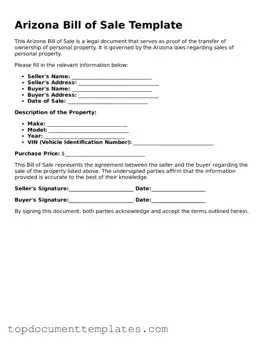 Valid Bill of Sale Form for Arizona State