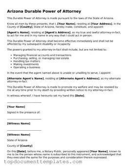 Valid Durable Power of Attorney Form for Arizona State