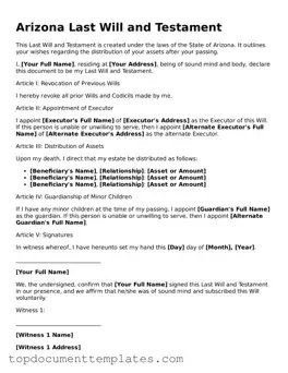 Valid Last Will and Testament Form for Arizona State