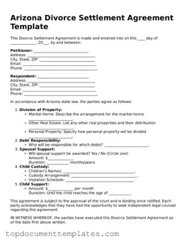 Valid Divorce Settlement Agreement Form for Arizona State