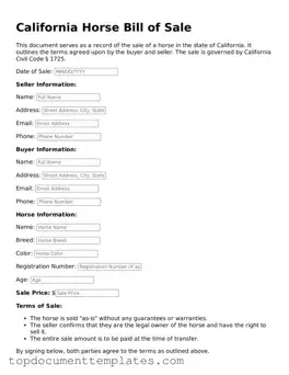 Valid Horse Bill of Sale Form for California State